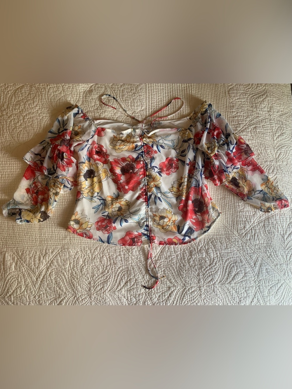 GUESS floral sheer off-the-shoulder semi-crop blous